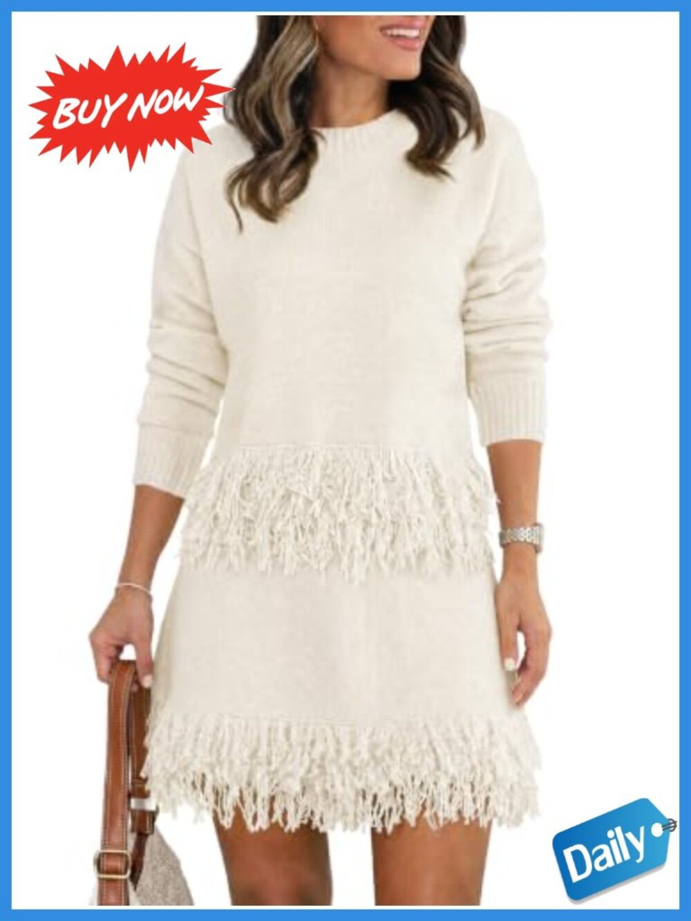 Fringe Knit Sweater & Mini Skirt 2 Piece Set Crewneck Long Sleeve